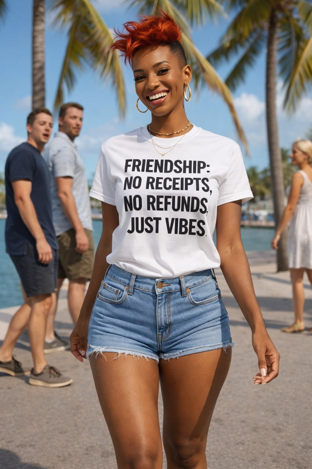 Summer friendship vibe: woman in FRIENDSHIP... shirt on the beach; creative gift for a bestie for a summer trip or a bachelorette party