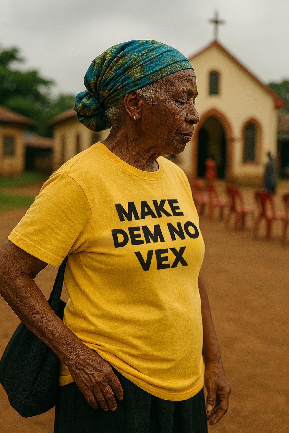 Older woman stand near church wear make dem no vex tee as perfect gift for confident people.