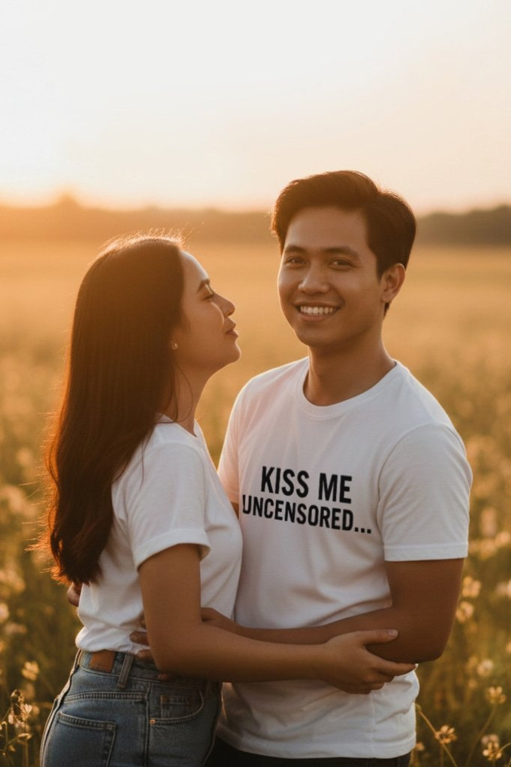 Romantic sunset moment with a couple wearing kiss me uncensored creating profound memories, perfect for partners.