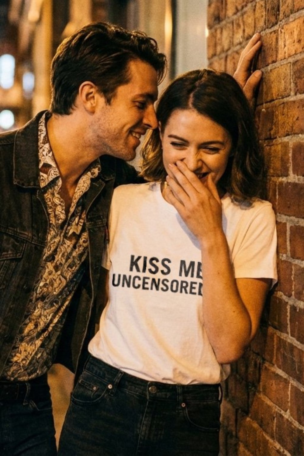 Laughing couple against a brick wall wearing kiss me uncensored celebrating bold love, perfect romantic gift.
