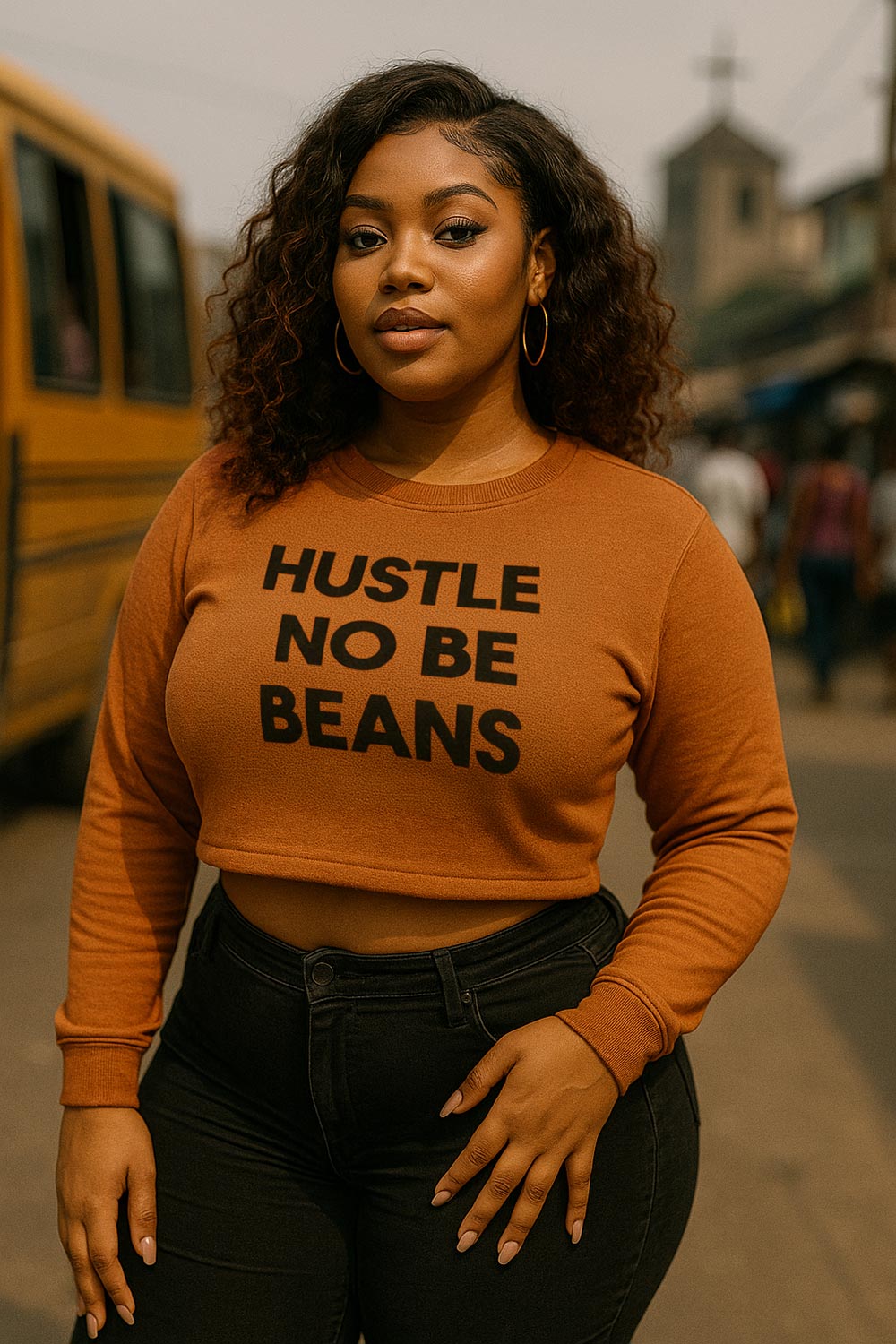 Confident woman pose wear hustle no be beans crop top because to make am require heavy sweat.