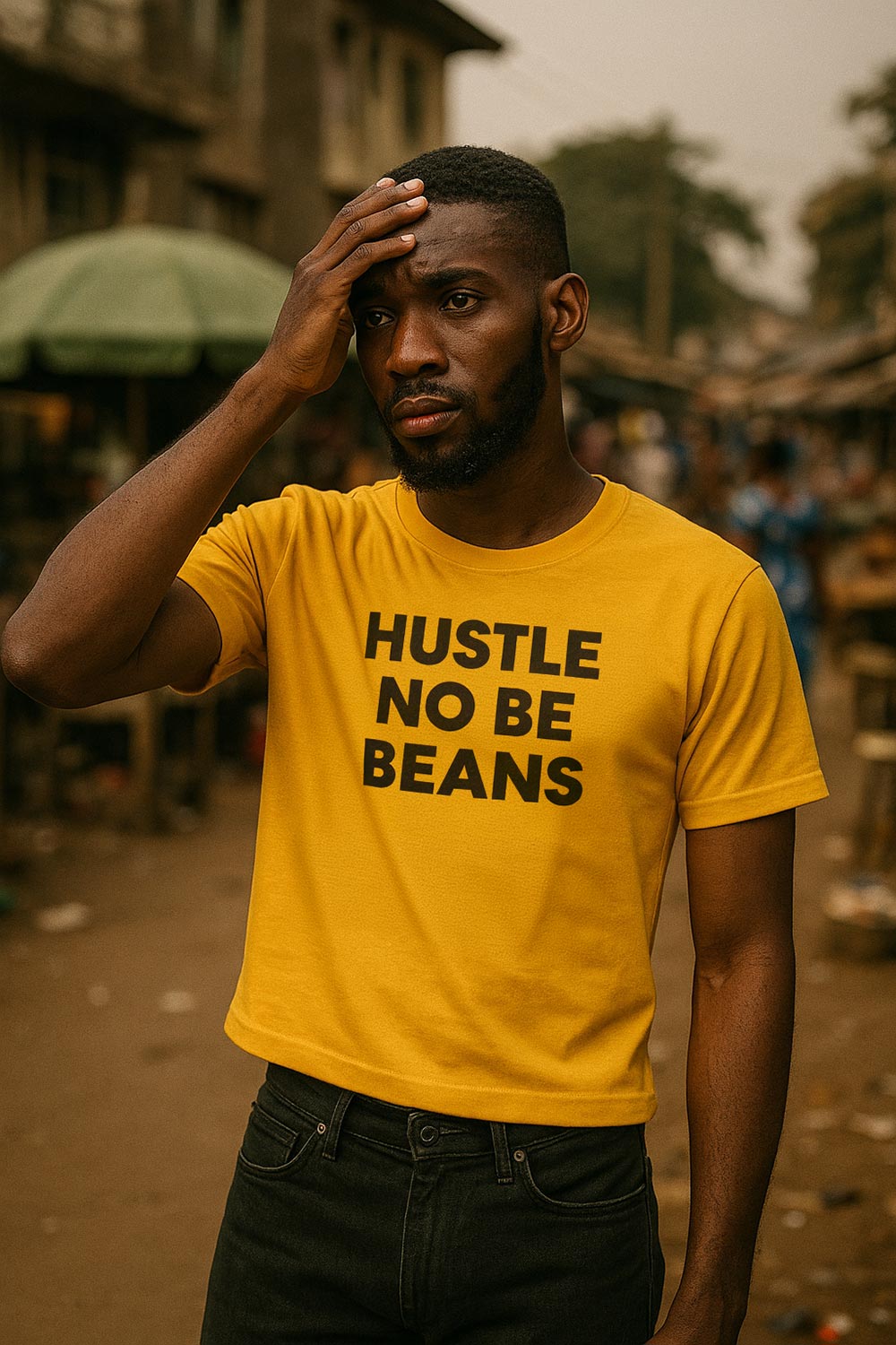 Stressed guy touch head wear hustle no be beans shirt as the journey fit tire bone today.