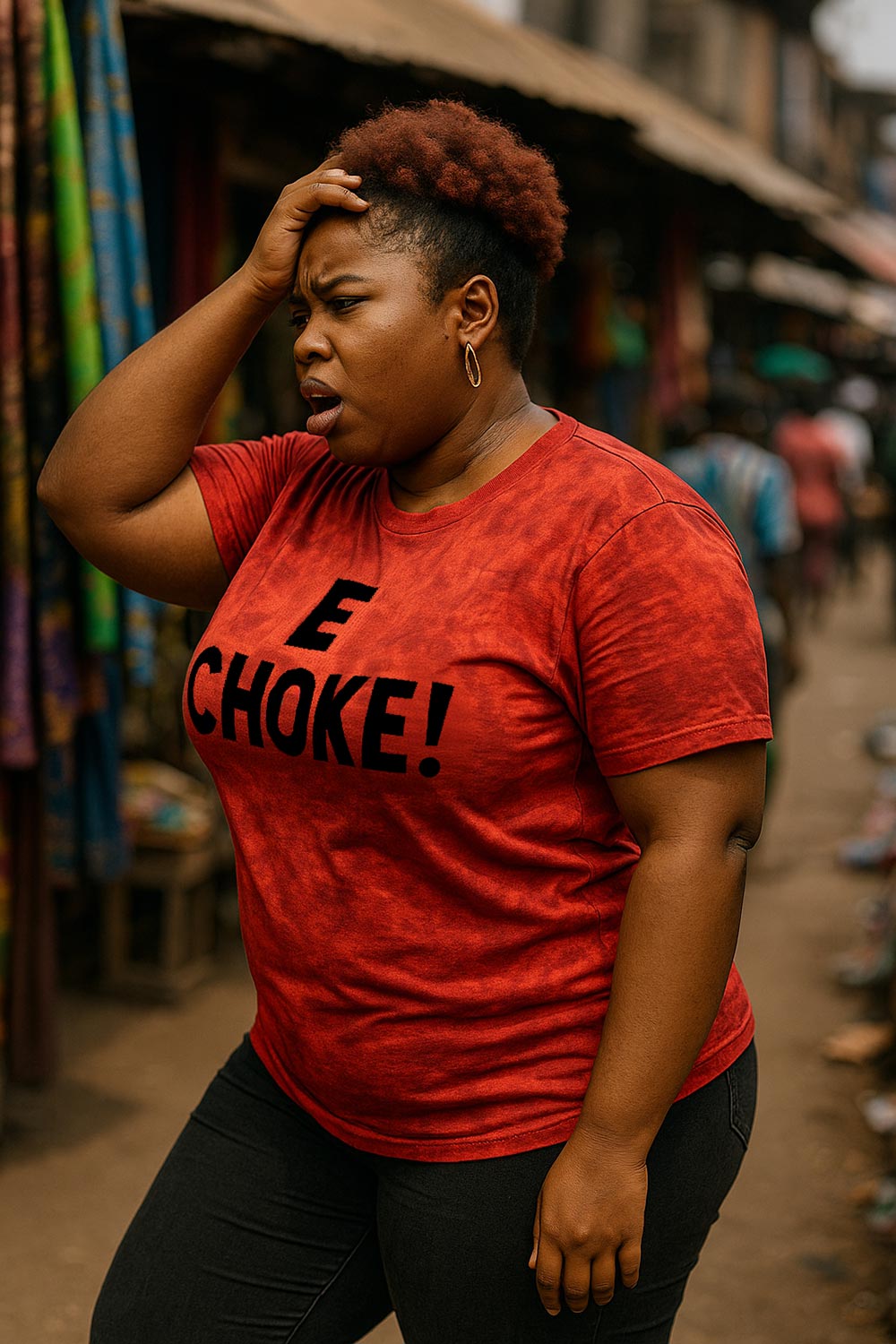 Surprised lady touch head wear e choke top because true victory dey bring overwhelming feeling of joy.