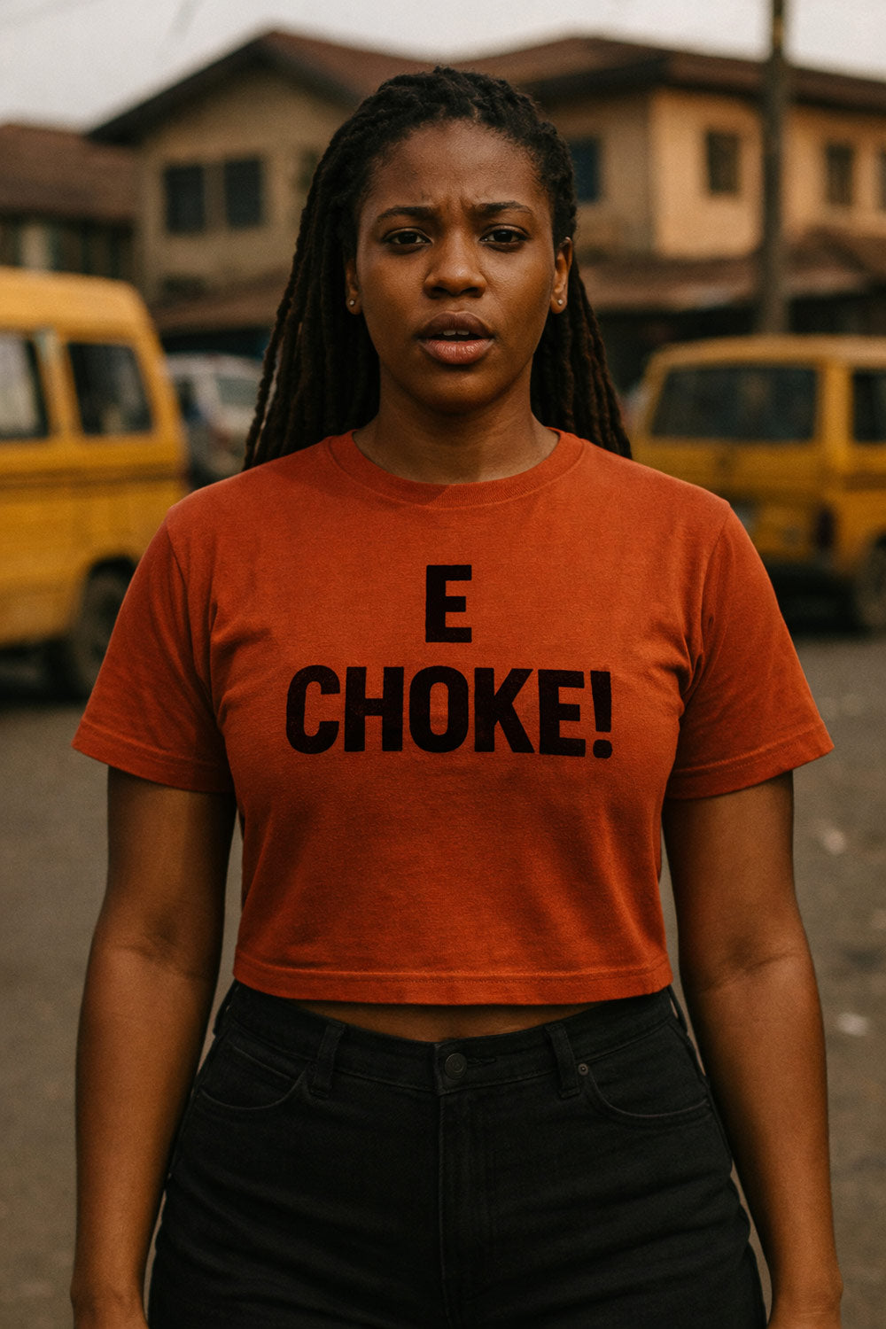 Confident woman stand straight wear e choke tee as perfect gift to celebrate extraordinary moment for life.
