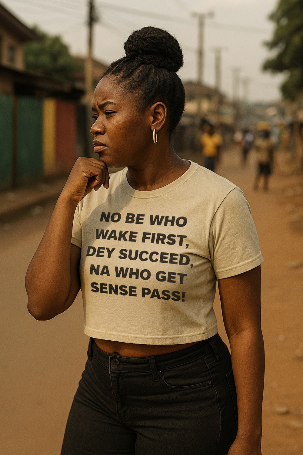 Thoughtful woman touch chin wear na who get sense pass shirt because wisdom matter pass everyday today.
