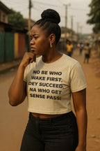 Thoughtful woman touch chin wear na who get sense pass shirt because wisdom matter pass everyday today.