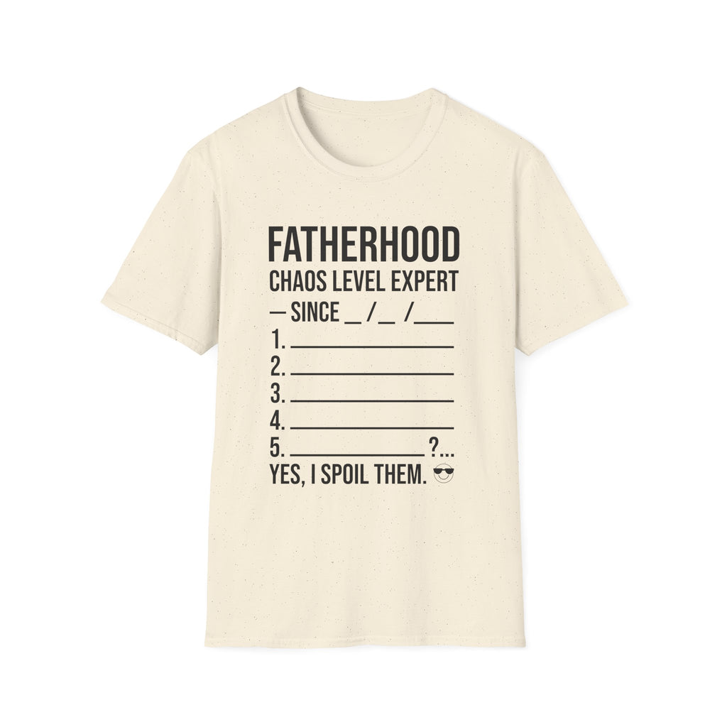 Minimalist flat lay of FATHERHOOD. Chaos Level: Expert premium cream shirt; high-quality fabric detail for a luxury family-themed gift for him