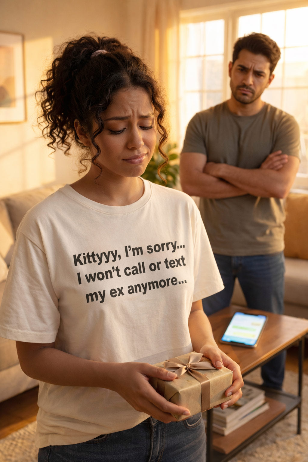 Regretful woman with gift wearing Kittyyy I'm sorry I won't call or text my ex laying pride aside.