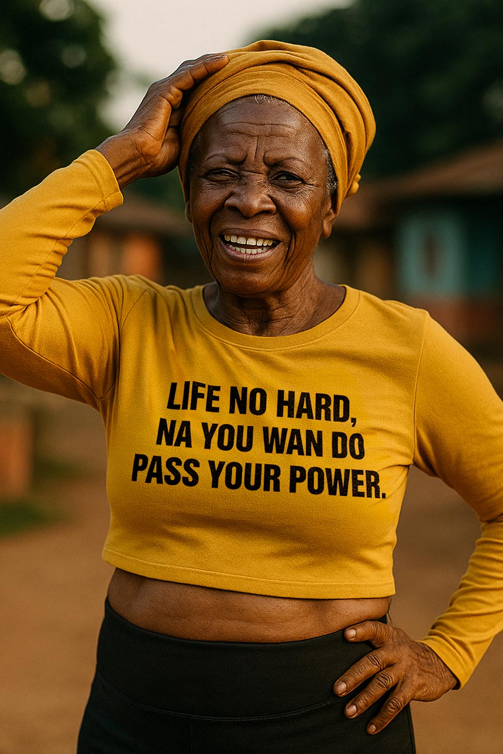 Smiling older woman wear life no hard na you wan do pass your power top as gift.
