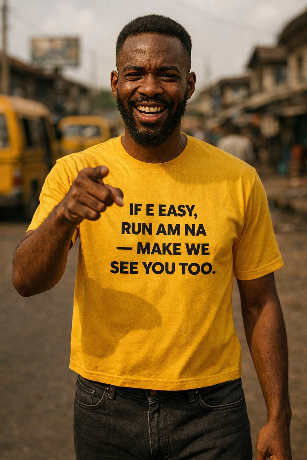 Smiling man point finger wear if e easy run am na make we see you too shirt.