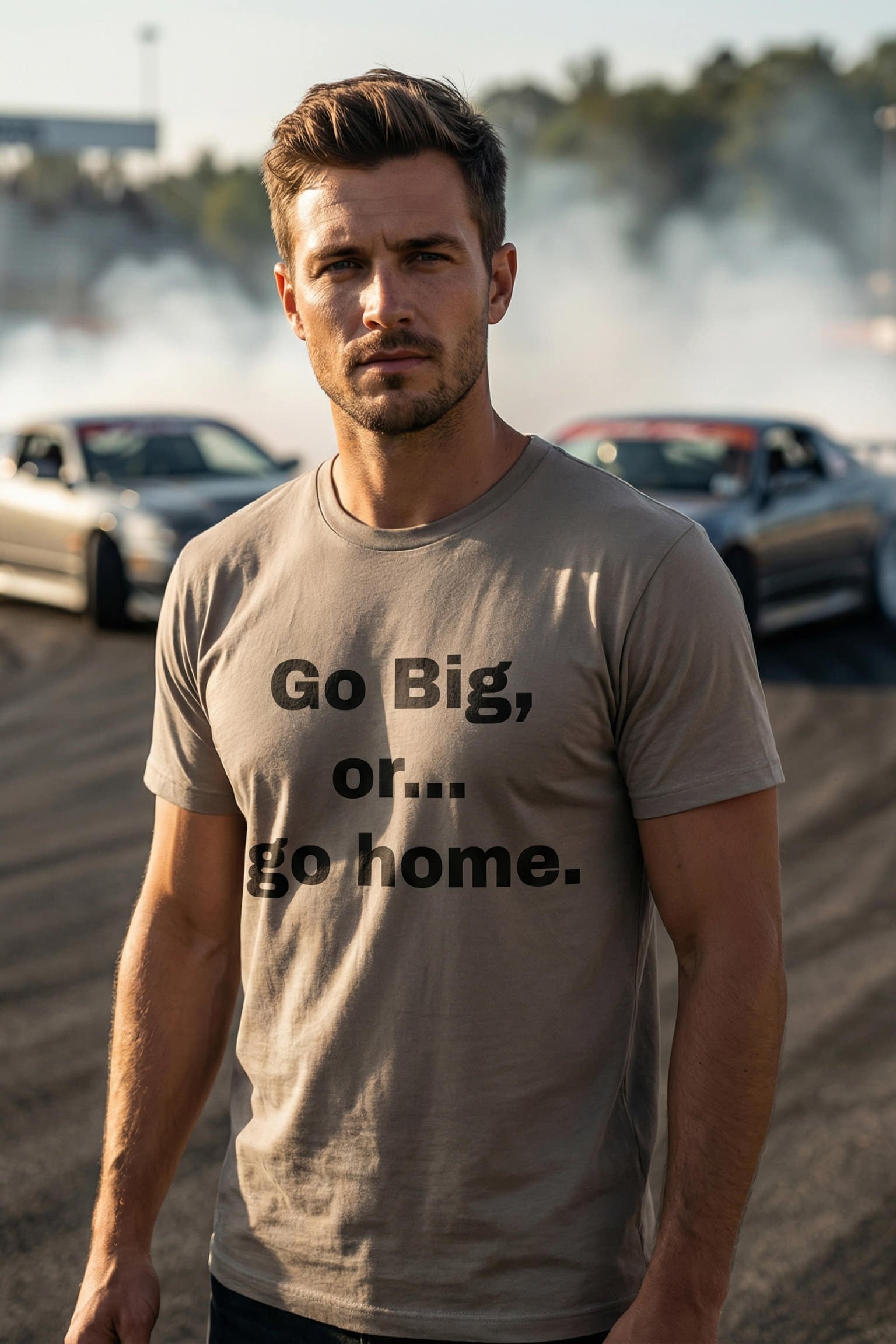 Confident man near drifting cars wearing Go Big, or... go home, committing without reservations, perfect for thrill-seekers.