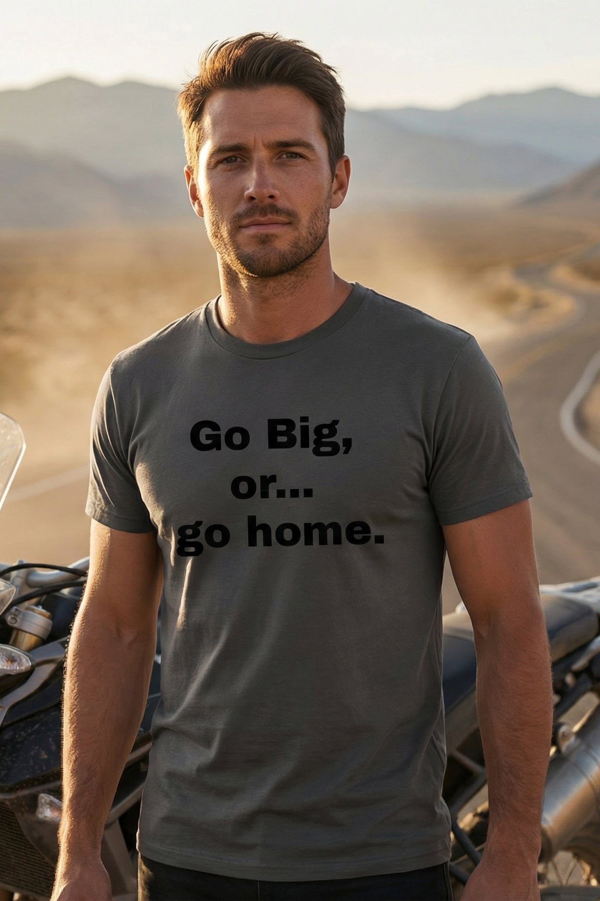 Adventurous man outdoors wearing Go Big, or... go home, stepping past comfort boundaries, ideal gift for riders.