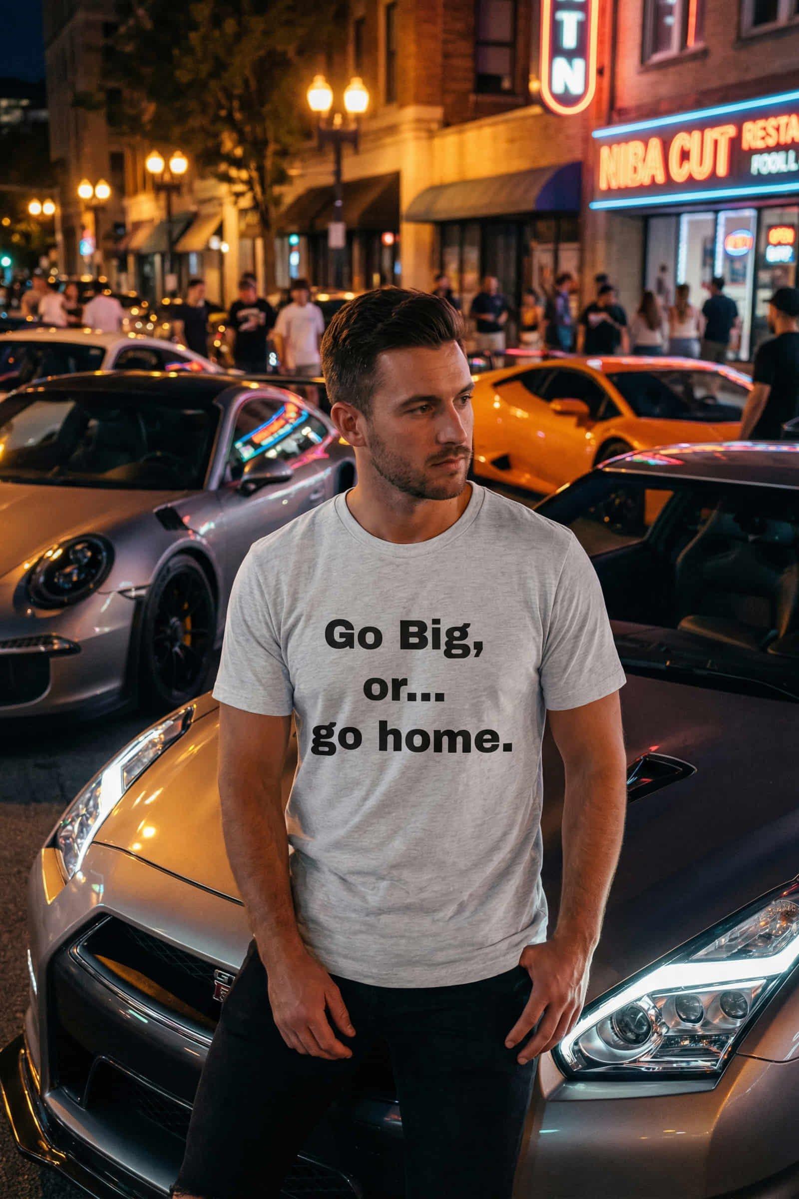 Man near night city cars wearing Go Big, or... go home, embracing extremes, perfect for ambitious friends.