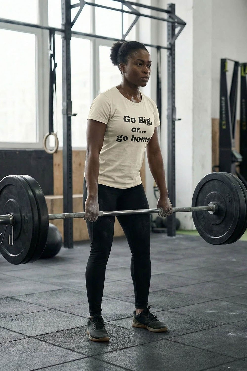 Woman lifting heavy weights wearing Go Big, or... go home, leaving nothing on the table, perfect for athletes.