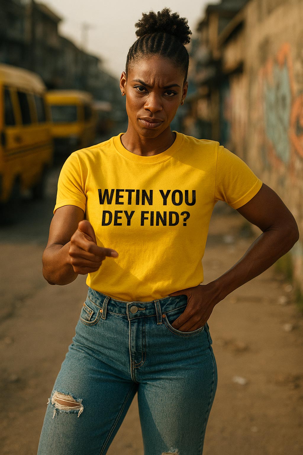 Confident lady point finger wear wetin you dey find top as she dey focus on her path.