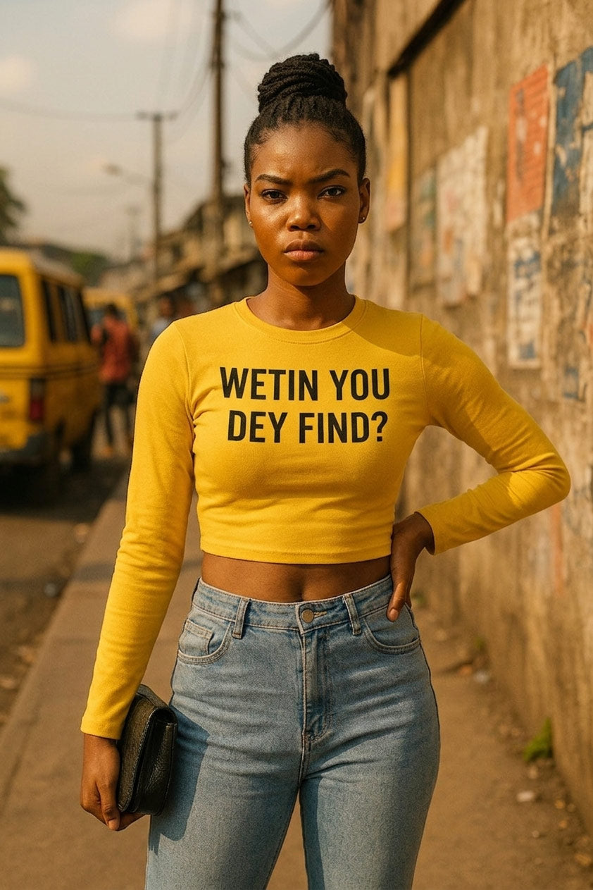 Stylish girl pose with wetin you dey find crop top to remind friends make dem no stress.