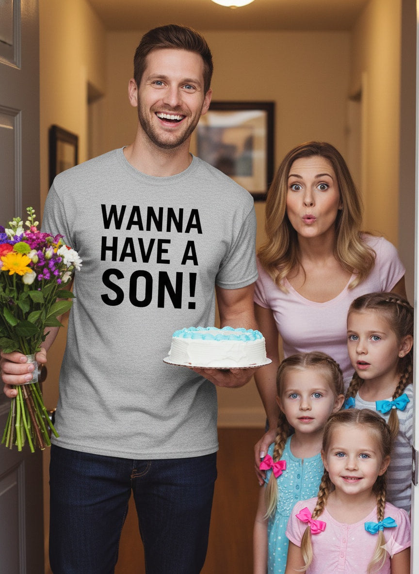 Family celebration moment: woman in WANNA HAVE A SON! premium tee with her partner and kids; unique gift idea for a gender reveal party or anniversary