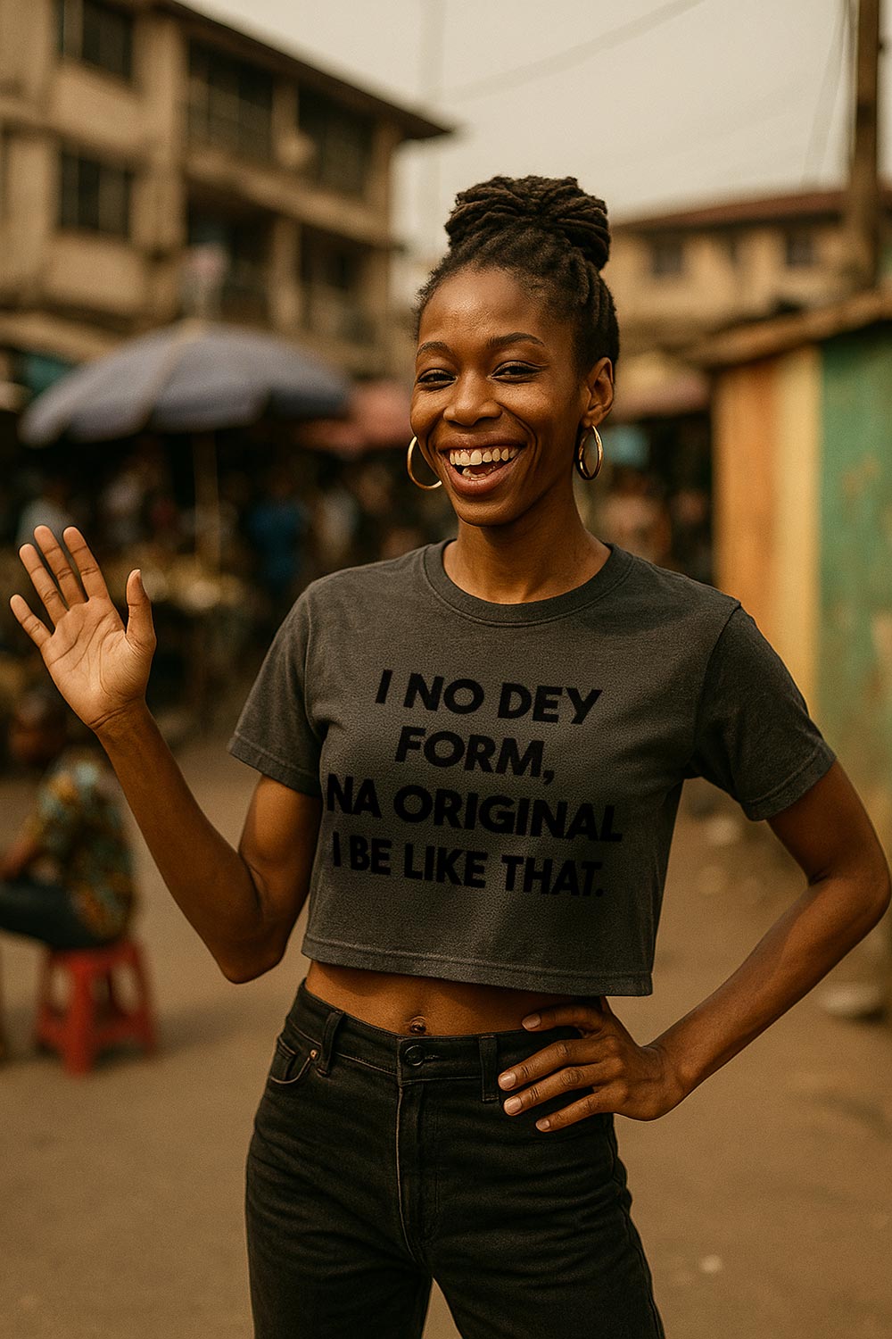 Smiling woman wave wear i no dey form na original i be like that top for true self.
