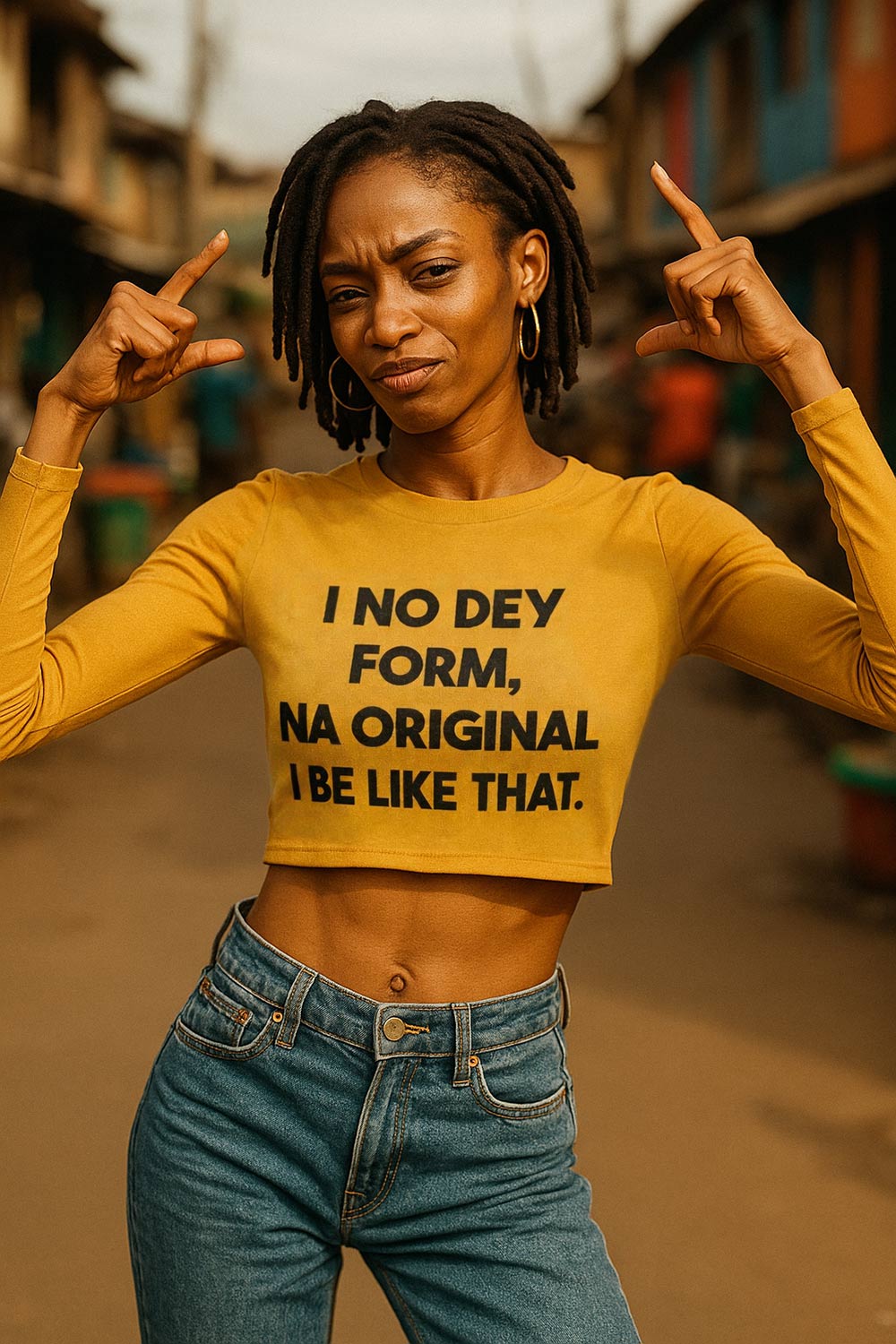 Confident girl pose wear i no dey form na original i be like that shirt as perfect gift.