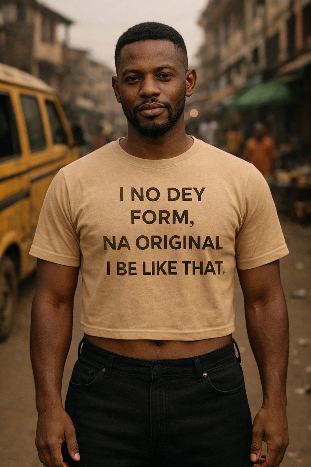 Calm man stand wear i no dey form na original i be like that shirt with pure pride.