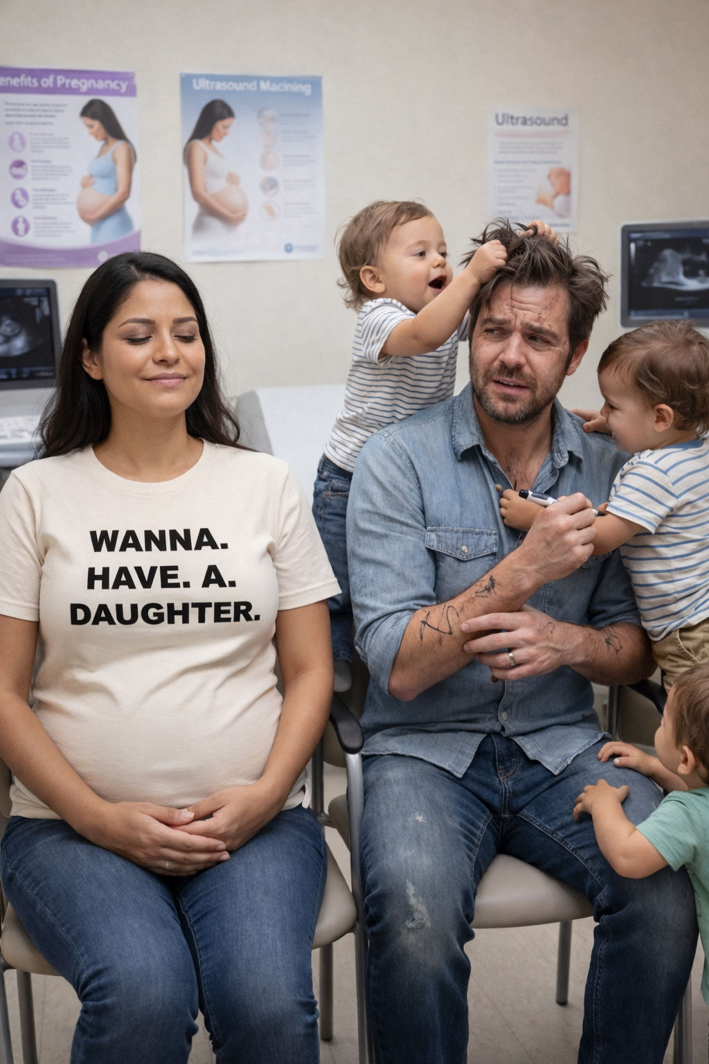 Calm mother sitting while man wrestles boys wearing wanna have a daughter tee perfect for tired parents.