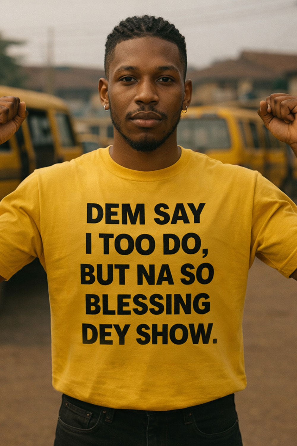 Strong guy flex wear dem say i too do but na so blessing dey show shirt happily.