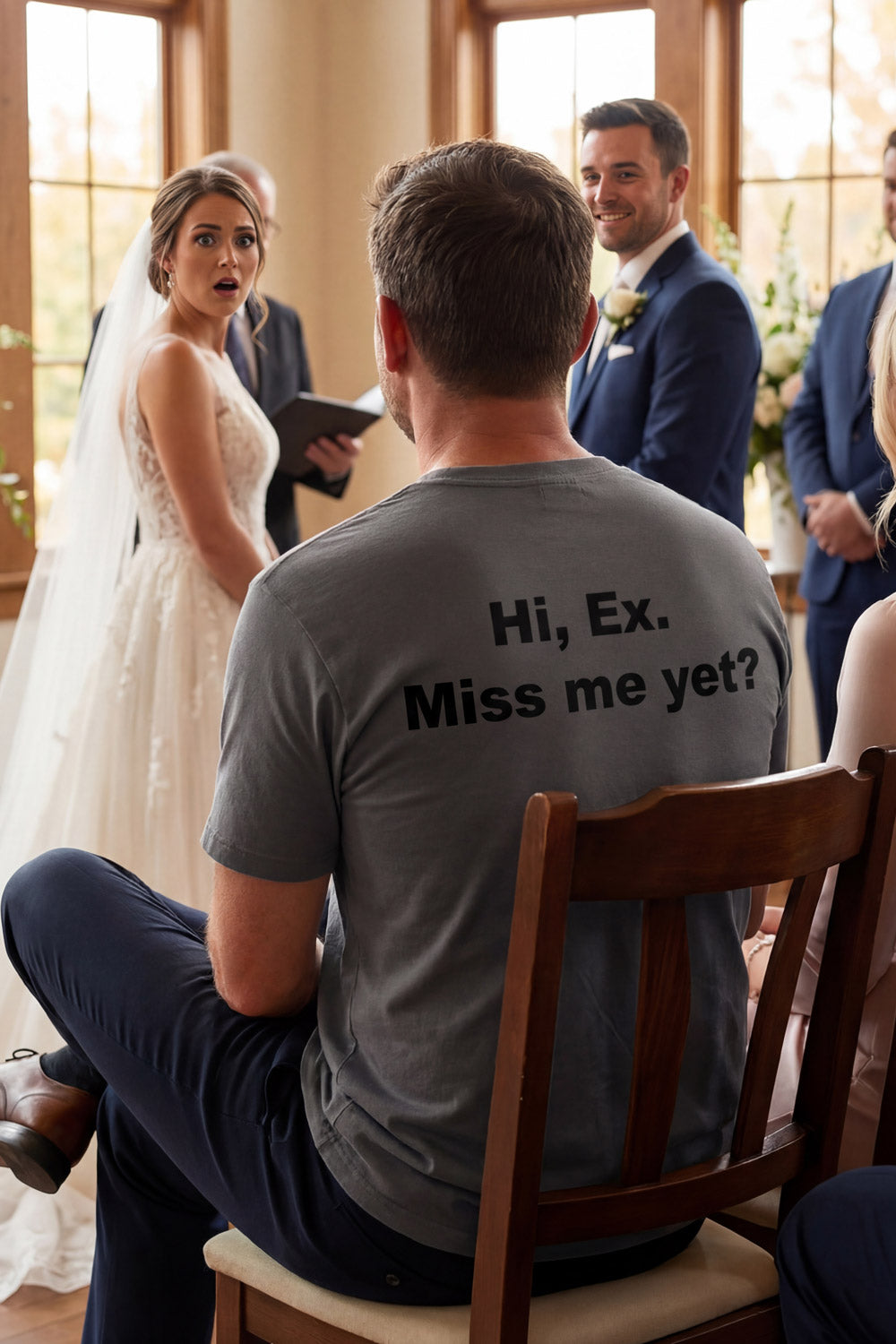 Man sitting at a formal ceremony in the hi ex miss me yet tee for confident friends.