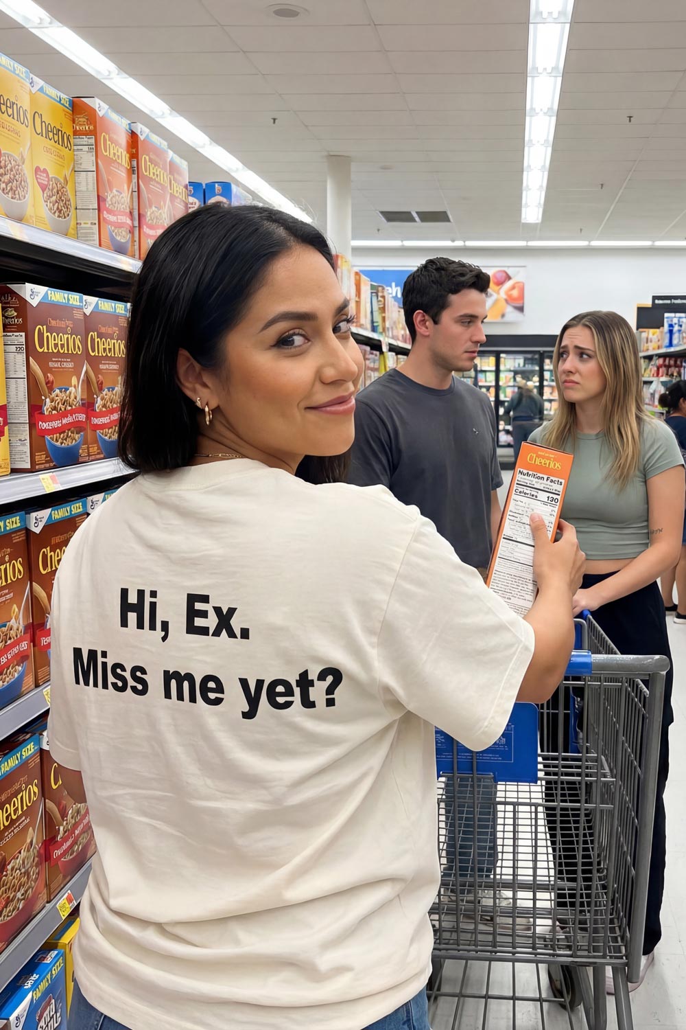 Playful woman shopping in an aisle wearing the hi ex miss me yet shirt a sarcastic present.