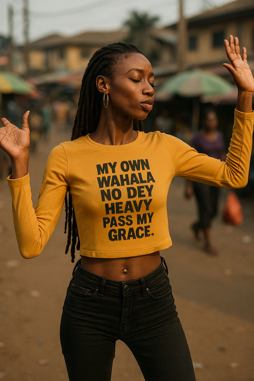Happy lady wave hand wear my own wahala no dey heavy pass my grace crop top today.