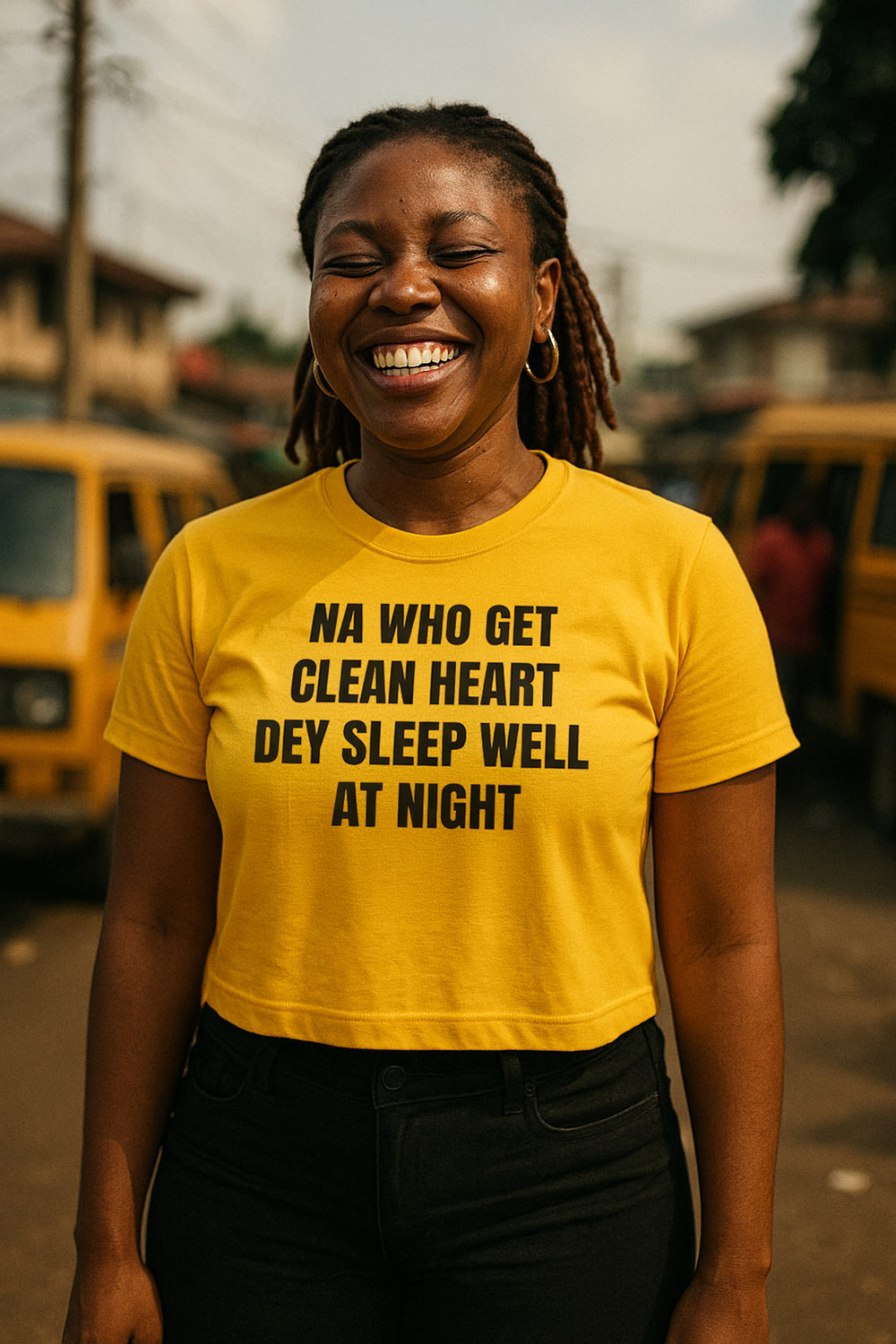 Happy woman laugh wear na who get clean heart dey sleep well at night shirt today.
