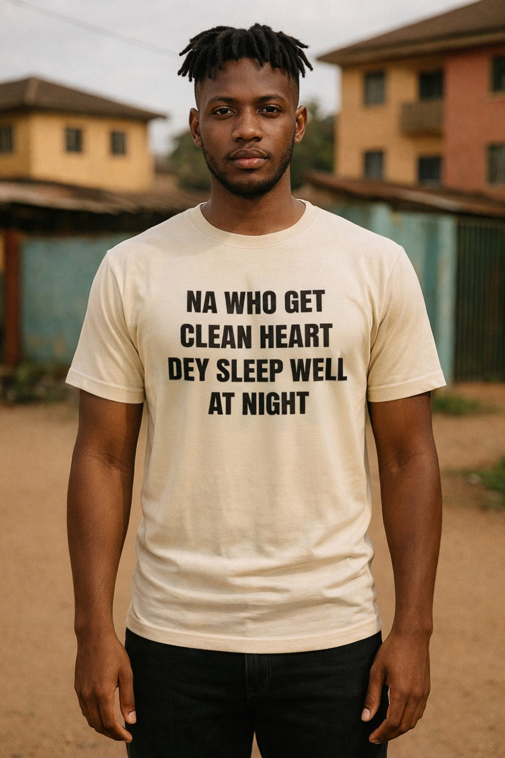 Calm young man stand wear na who get clean heart dey sleep well at night top as gift.