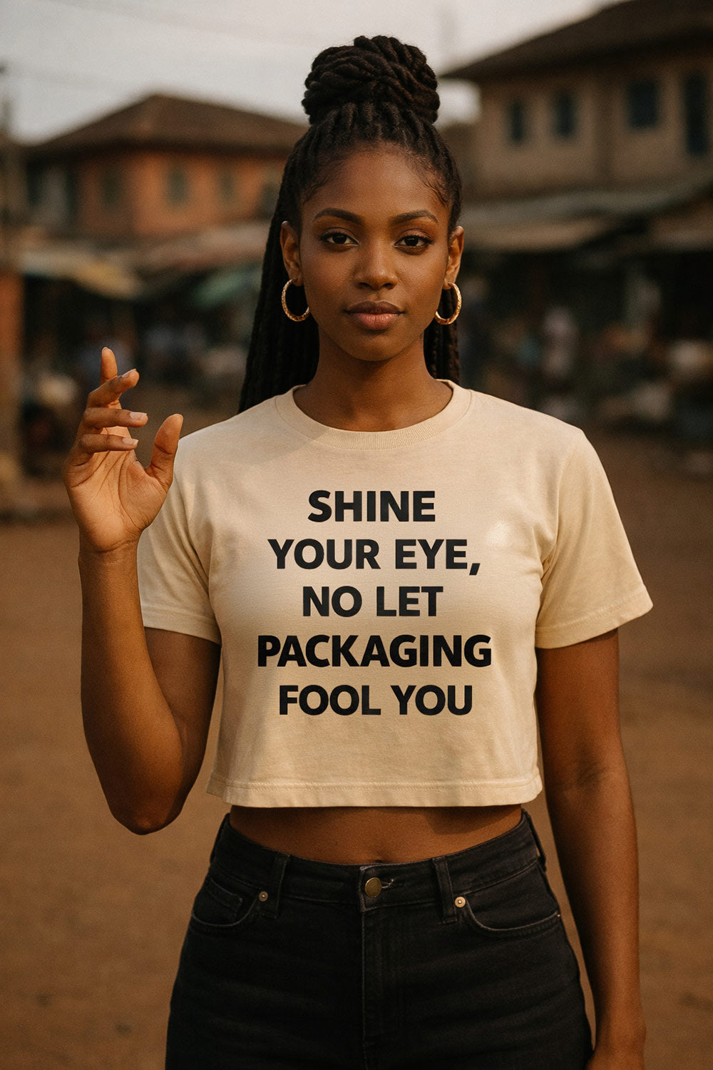 Serious woman raise hand wear shine your eye no let packaging fool you top for true wisdom.