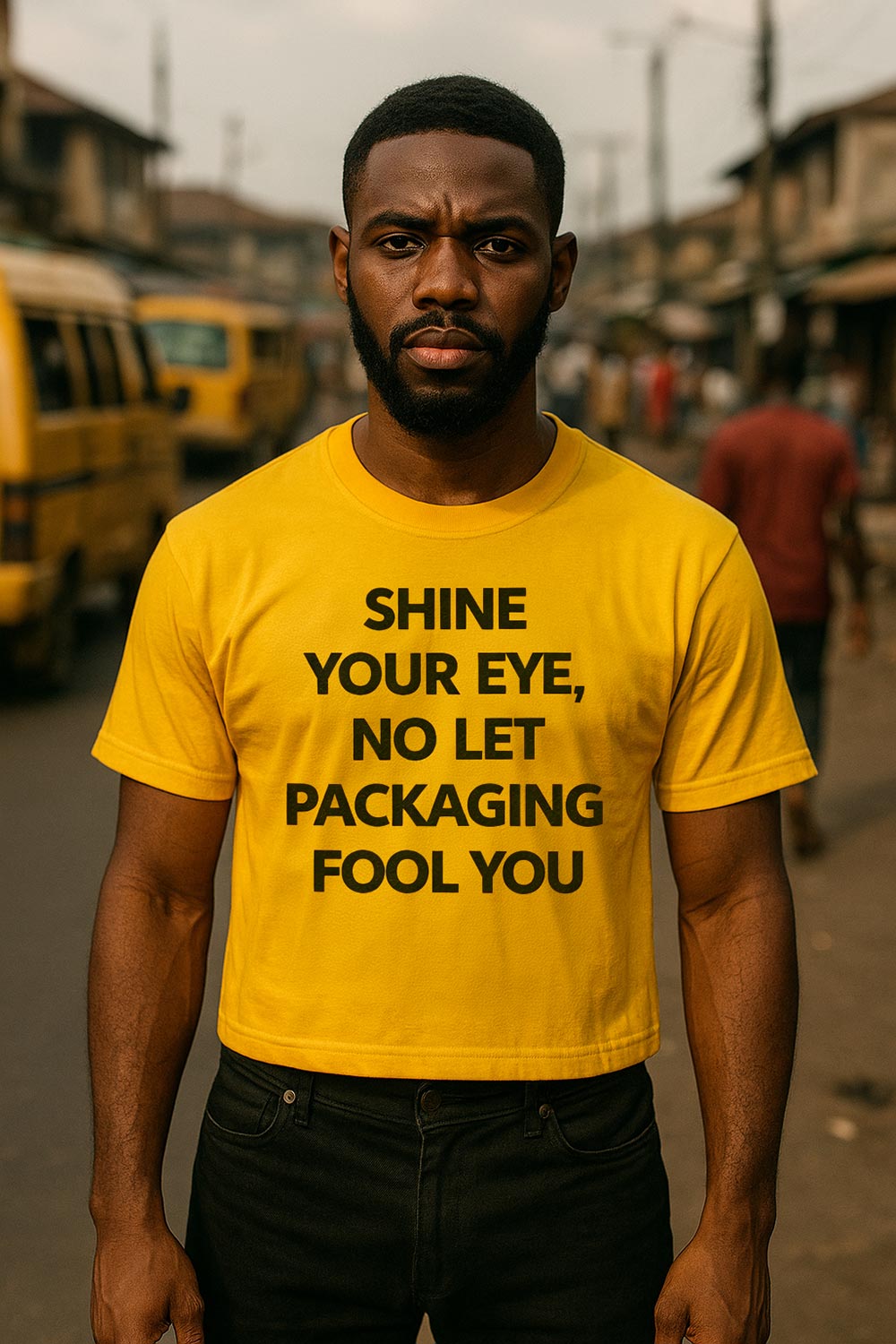 Calm man look straight wear shine your eye no let packaging fool you shirt to observe well.