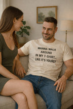 Cozy couple moment: woman in BORROWED... shirt sitting with her partner; perfect birthday or anniversary gift for a girlfriend who loves stealing his clothes