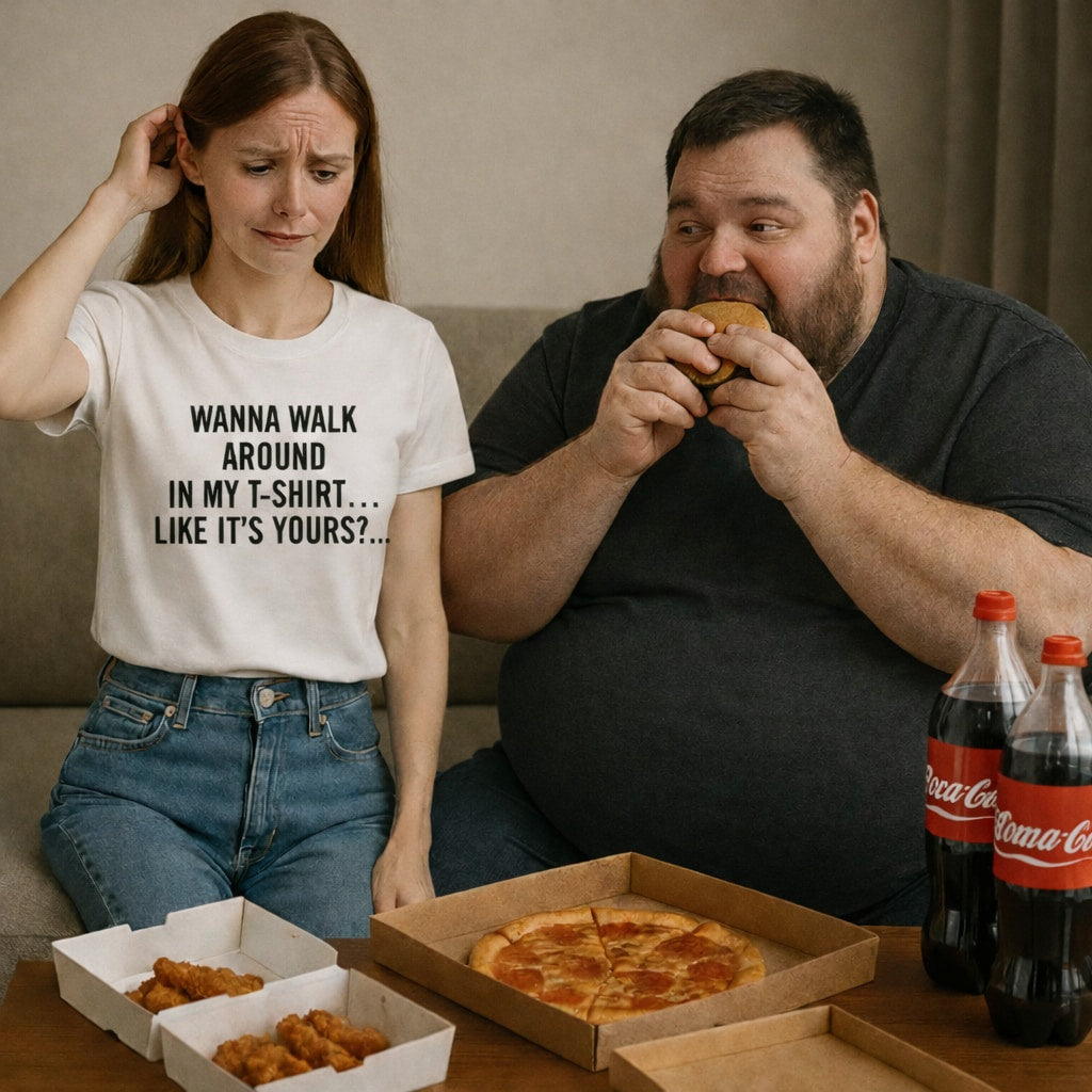 Playful relationship humor: woman in BORROWED... premium tee eating pizza with her boyfriend; unique gift for a partner to celebrate their shared wardrobe