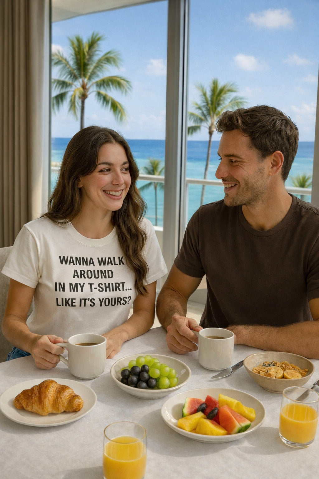 Relaxed vacation vibe: woman in BORROWED... shirt having breakfast with a man; creative gift for a wife or best friend who appreciates witty and relatable statements
