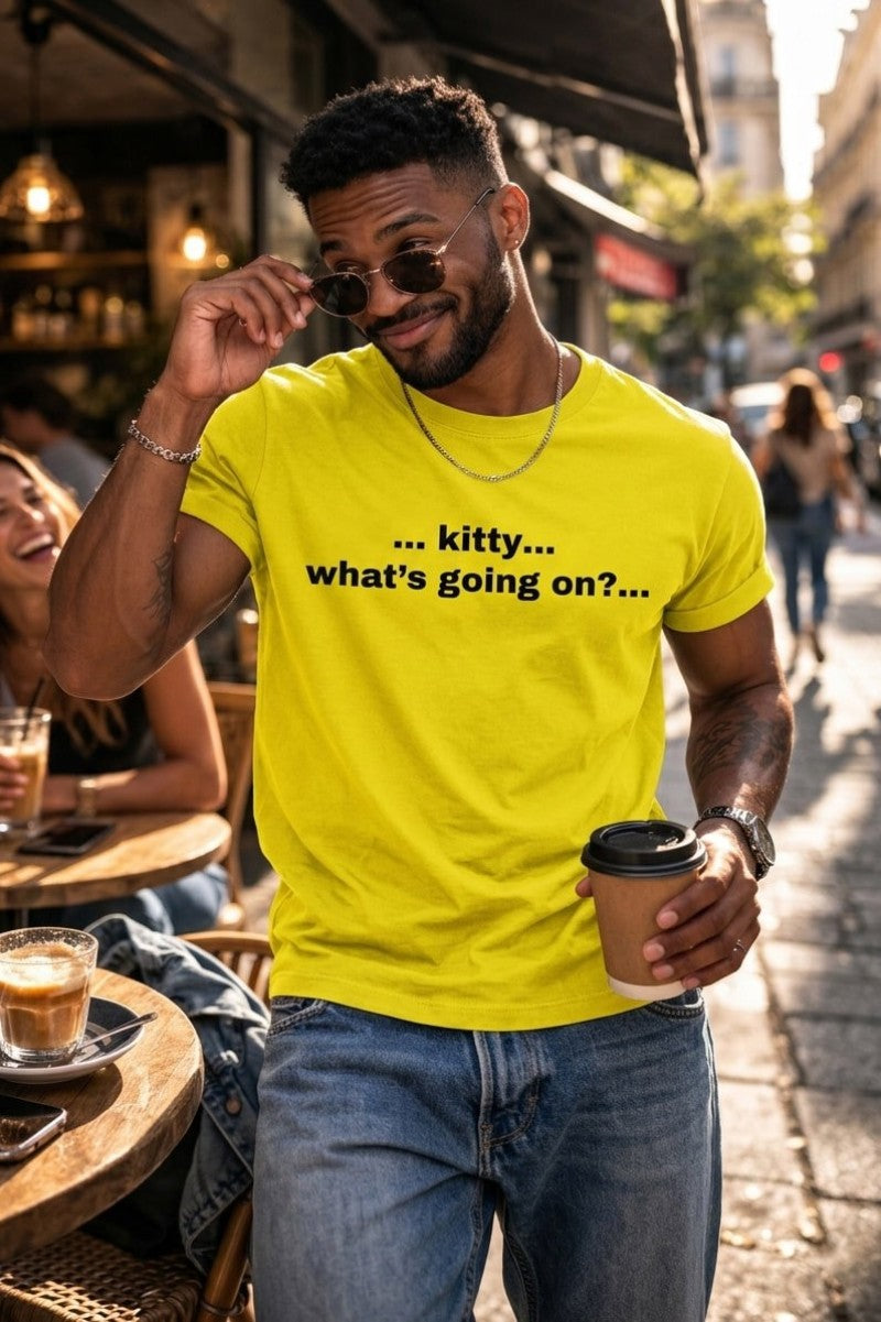 Smiling man lowering his sunglasses wearing kitty what's going on embracing humor, perfect gift for friends.