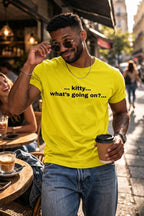 Smiling man lowering his sunglasses wearing kitty what's going on embracing humor, perfect gift for friends.