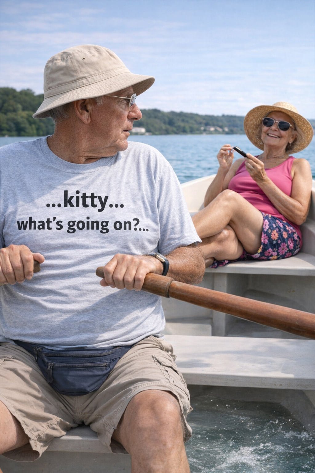 Older man rowing a small boat wearing kitty what's going on laughing at absurdity, ideal grandpa gift.
