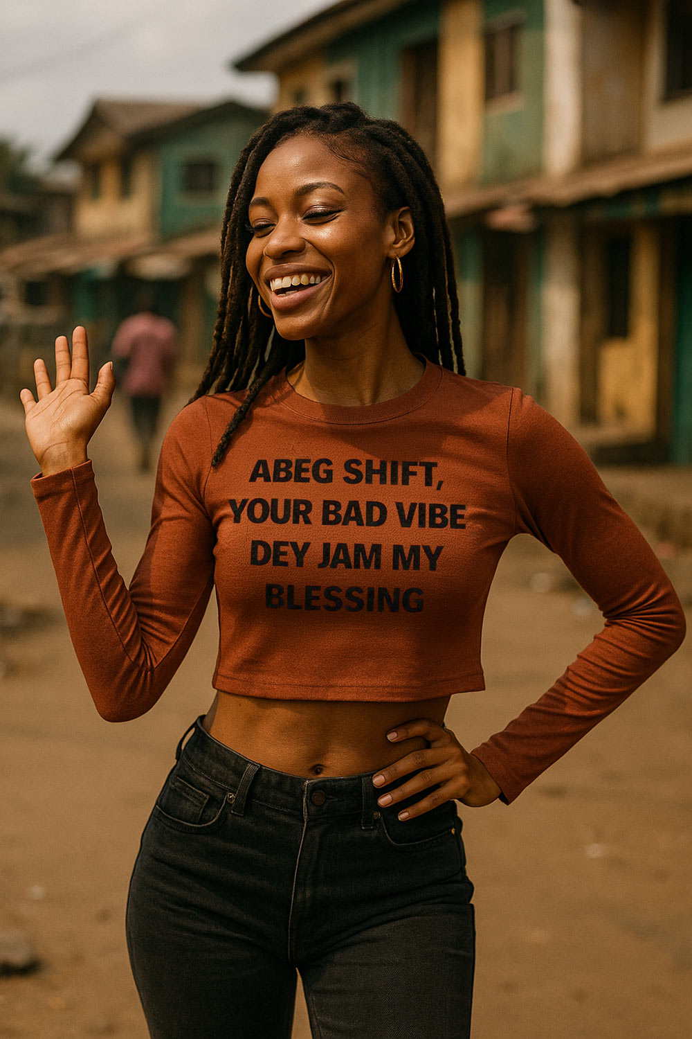 Happy lady wave hand wear abeg shift your bad vibe dey jam my blessing shirt gift.