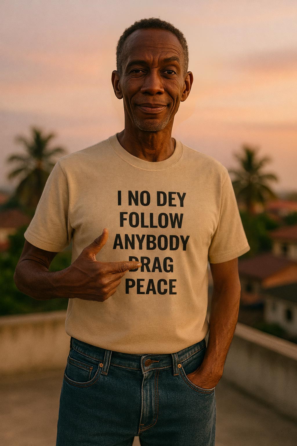 Older man dey point himself wear i no dey follow anybody drag peace shirt for quiet moments.