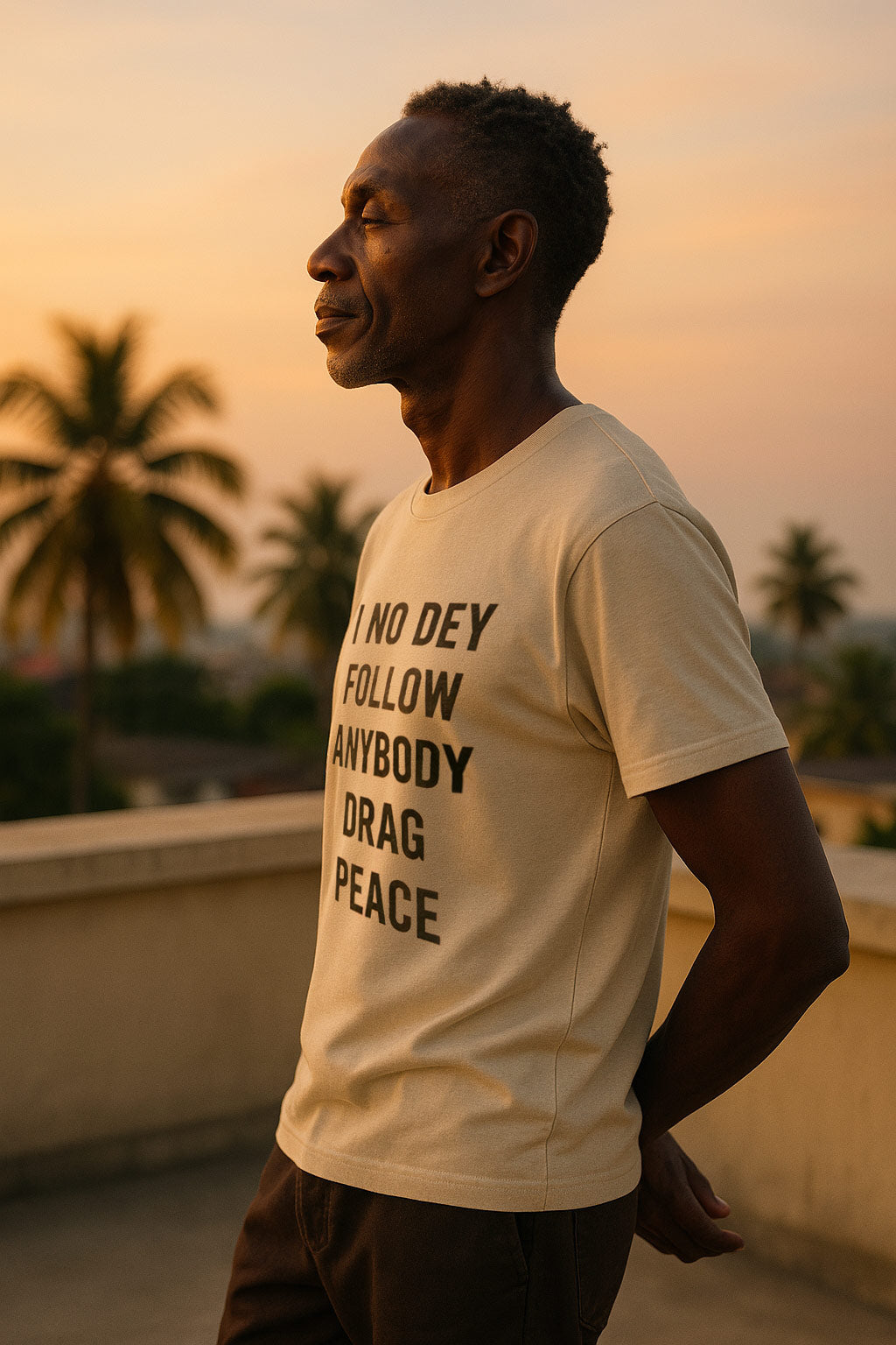 Relaxed older man stand wear i no dey follow anybody drag peace top because mental health matter pass.