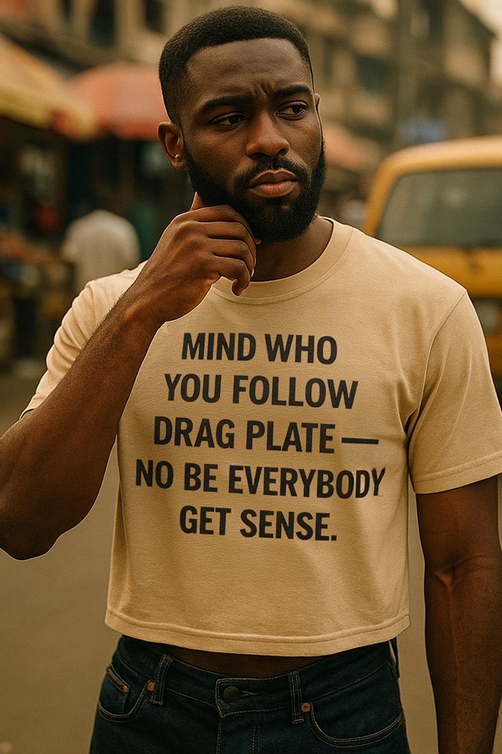 Serious man touch chin wear mind who you follow drag plate shirt to preserve peace of mind.