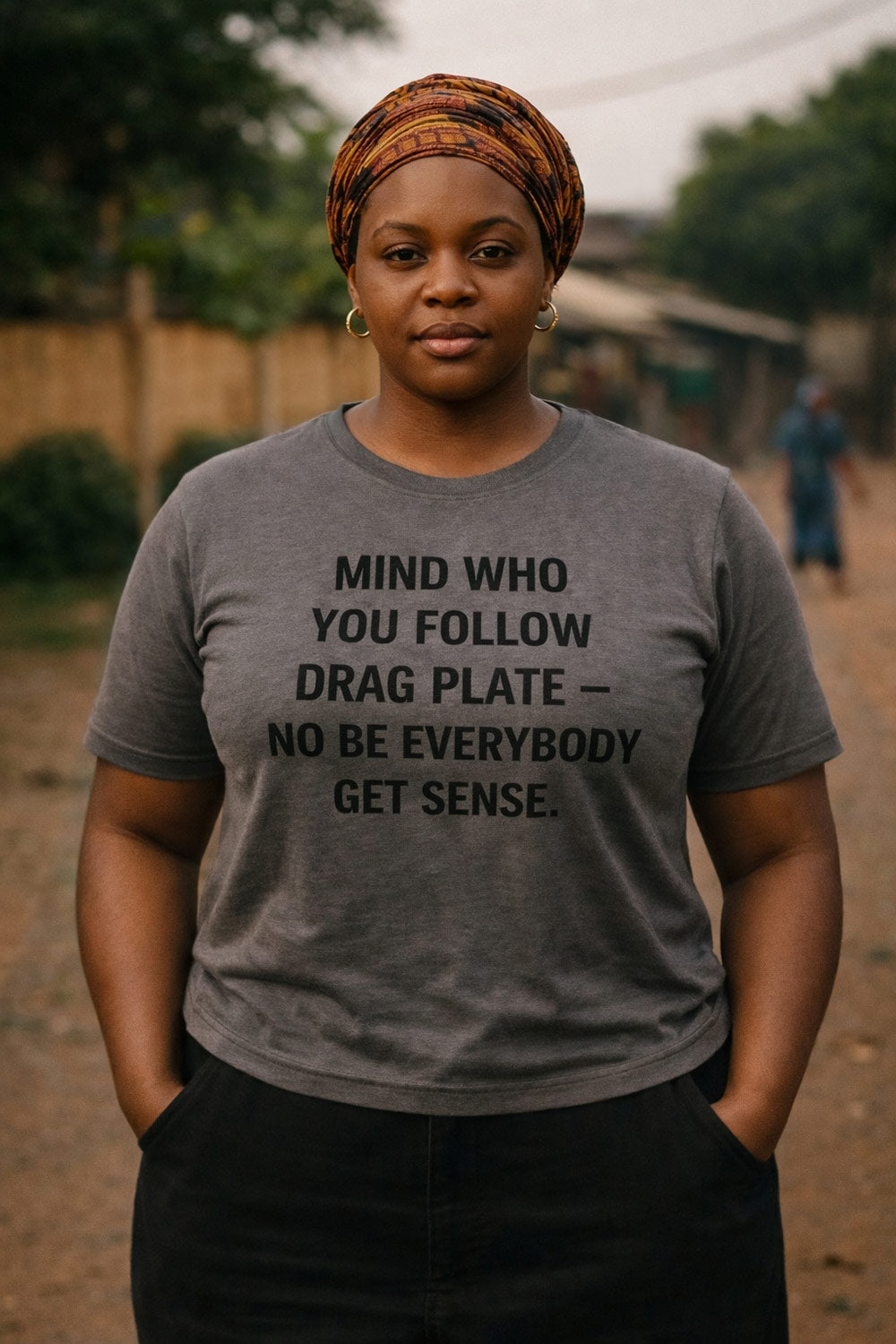 Serious lady stand straight wear mind who you follow drag plate shirt as perfect gift for friends.