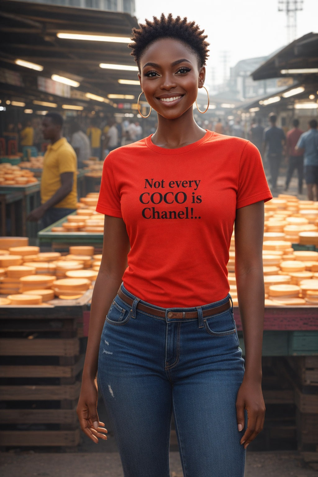 Bold urban style: Not every COCO is Chanel... premium tee worn by a smiling woman; perfect birthday gift for a confident woman with a sense of style