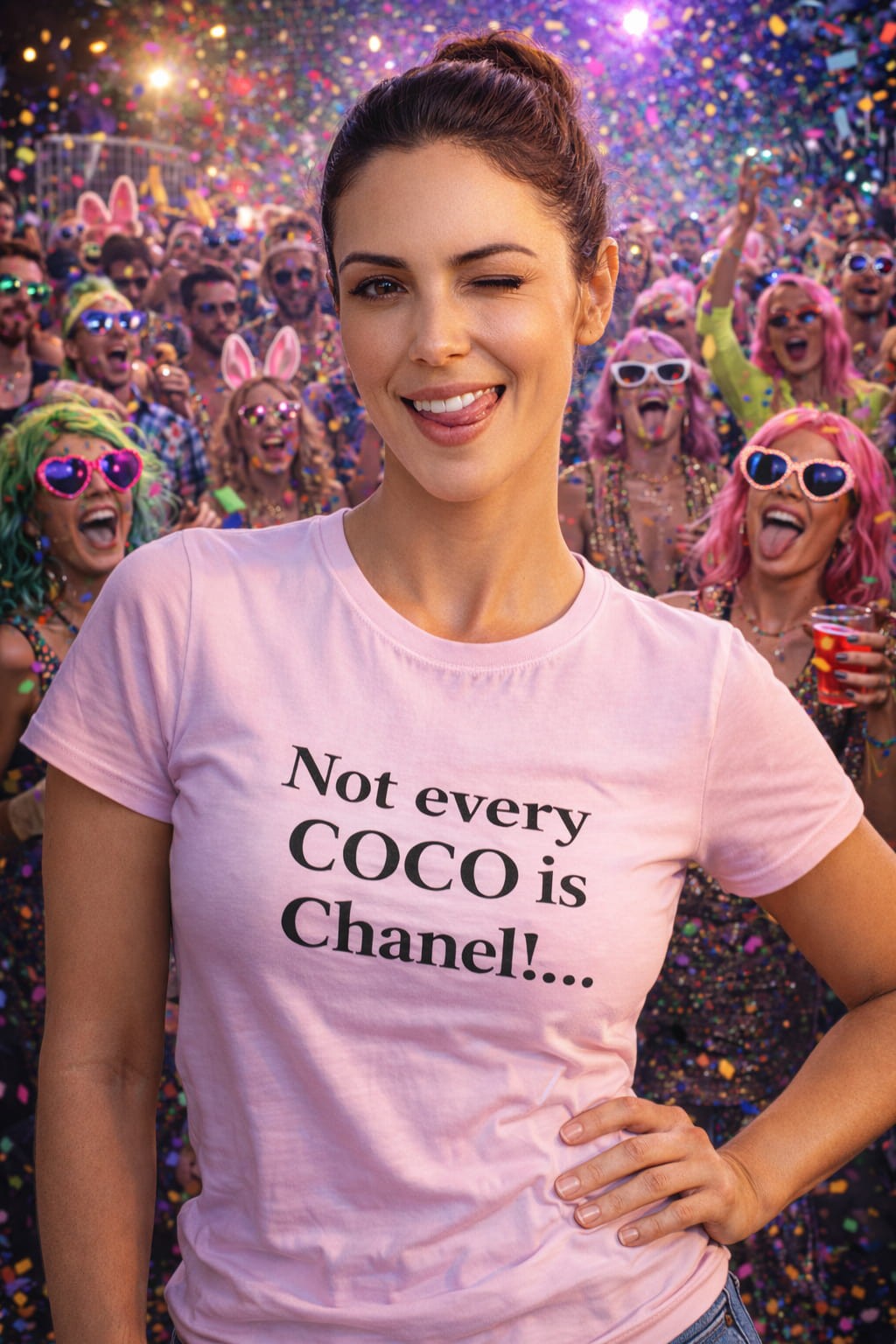 Woman wearing a pink t-shirt with text in a colorful, festive setting