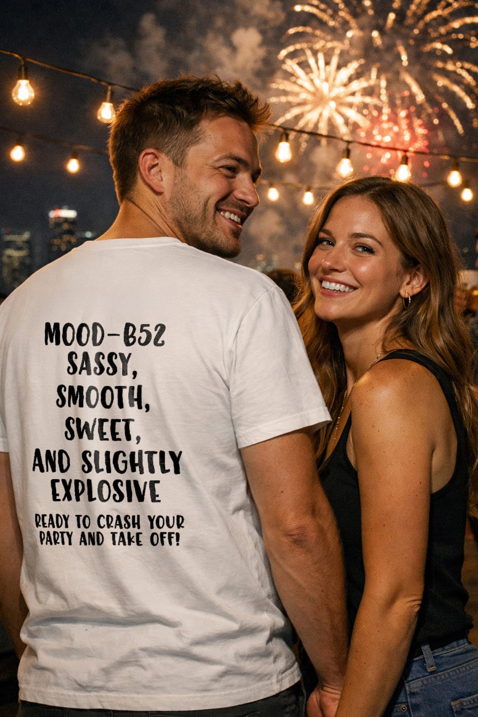 Happy couple watching fireworks wearing mood B52 sassy smooth sweet, a perfect gift for lively friends.