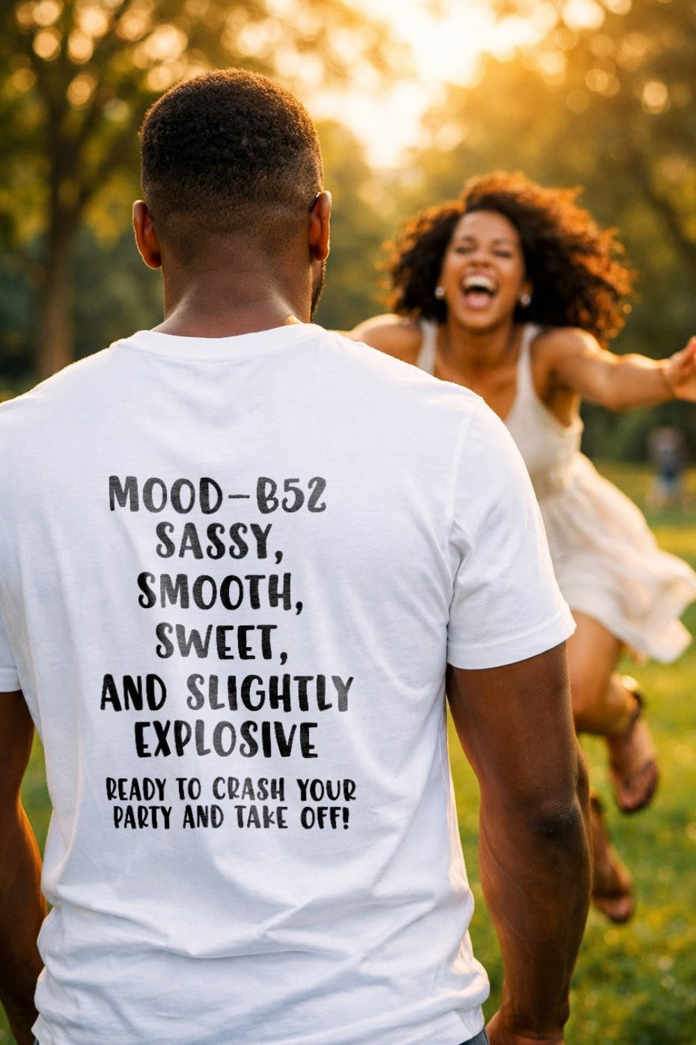 Playful couple running outdoors wearing slightly explosive ready to crash your party, ideal gift for couples.