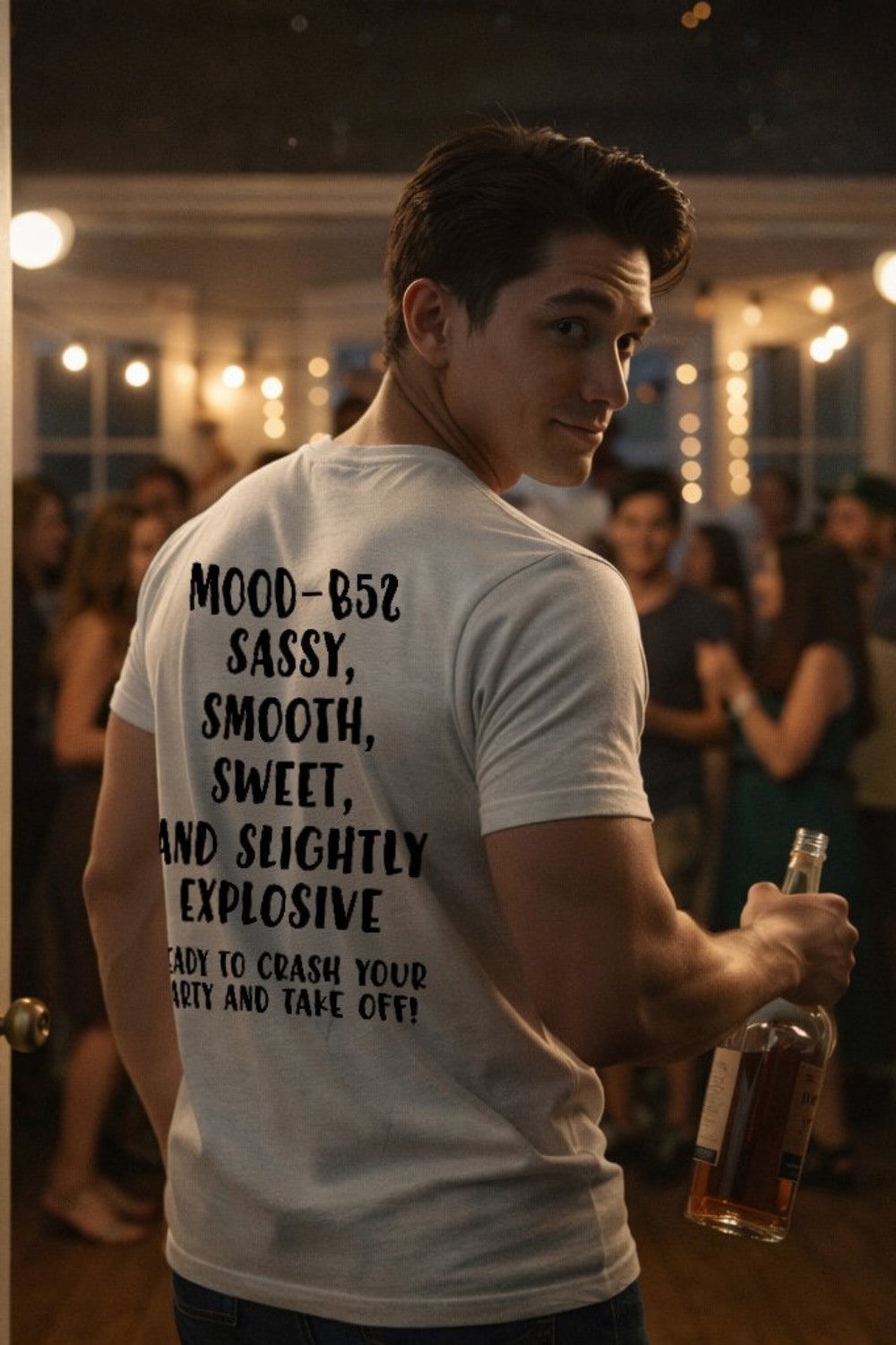 Confident man at a party wearing ready to crash your party and take off, perfect gift.