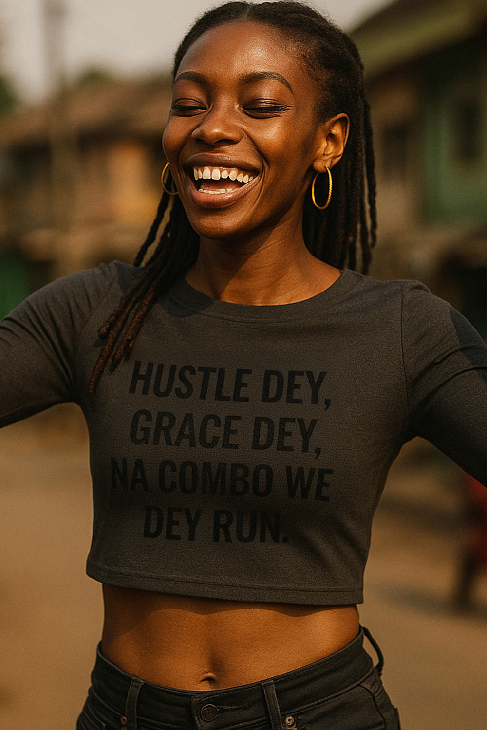 Happy woman laugh wear hustle dey grace dey na combo we dey run crop top for progress.